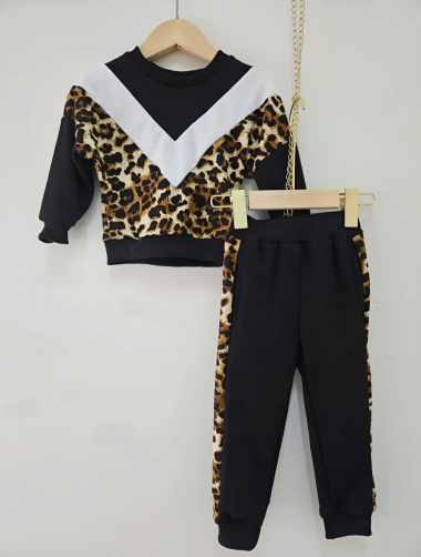 Wholesaler Chicaprie - Girls' Plain Leopard Sweater and Jogger Set