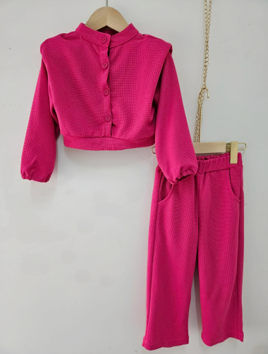 Großhändler Chicaprie - Einfarbiges, geprägtes Pullover- und Hosen-Set für Mädchen