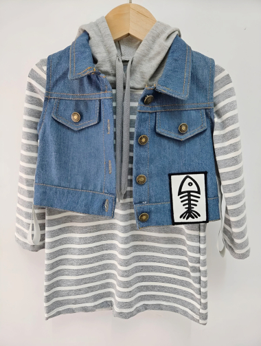 Wholesaler Chicaprie - Girls' Striped Sweatshirt And Jeans Vest Set