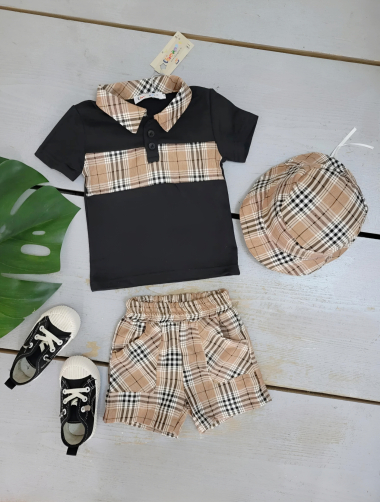 Wholesaler Chicaprie - Baby Boy's Checkered T-Shirt and Shorts Set with Bucket Hat