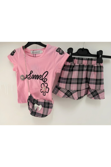 Wholesaler Chicaprie - Girls' "SMILE" T-Shirt And Checkered Skirt Set With Bag