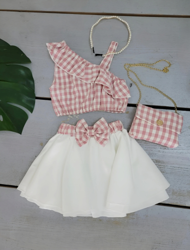 Wholesaler Chicaprie - Girl's Sleeveless Checked Top And Skirt Set With Fancy Bag