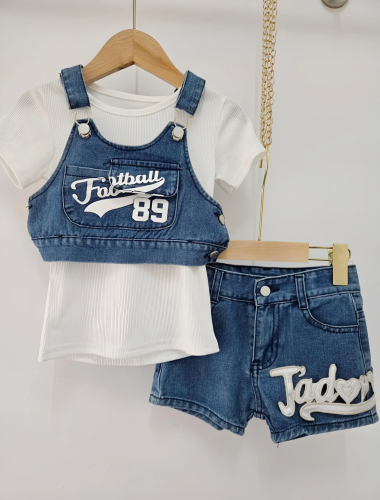 Wholesaler Chicaprie - Girl's Suspender Top And Jeans Shorts Set With Plain Top