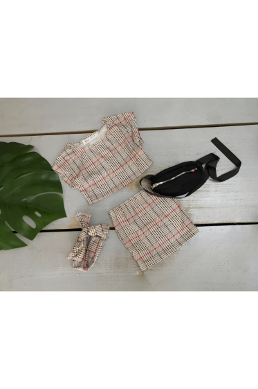 Wholesaler Chicaprie - Baby Girl's Checked Top And Skirt Set With Headband