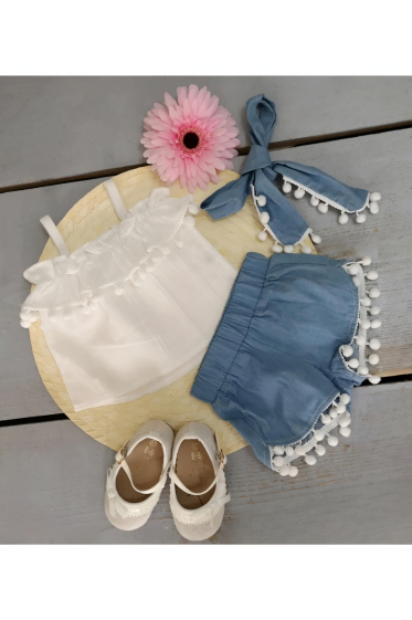Wholesaler Chicaprie - Baby Girl Pompom Top and Shorts Set with Headband