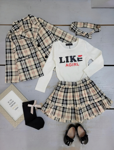 Wholesaler Chicaprie - Checkered Jacket And Skirt Set With T-Shirt, Socks And Headband