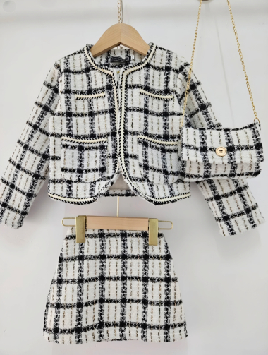 Mayorista Chicaprie - Conjunto de niña de chaqueta, falda y bolso elegante de tweed a cuadros