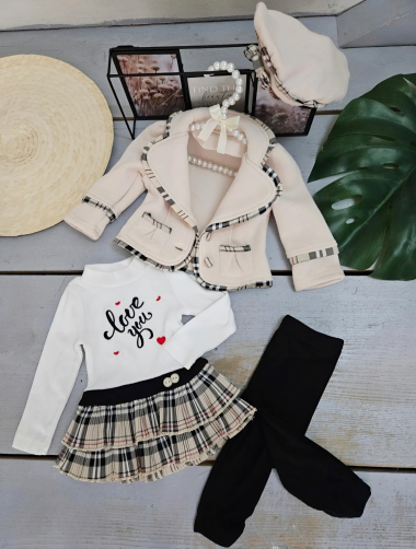Wholesaler Chicaprie - Baby Girl “love you” Jacket And Dress Set With Leggings And Beret