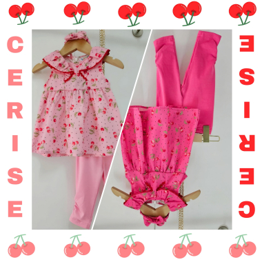 Grossiste Chicaprie - Robe Cerises Avec Legging Et Bandeau Bébé Fille