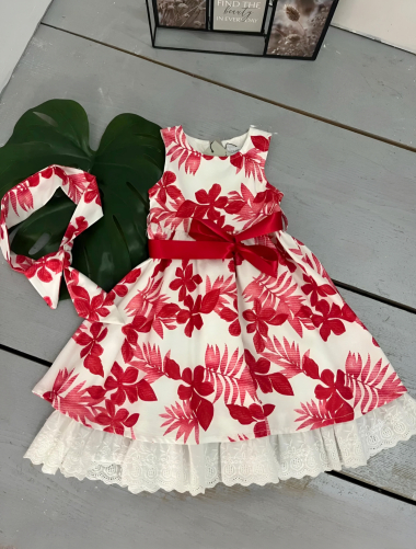 Wholesaler Chicaprie - Girl's Floral Dress With Ruffled Lace Bottom