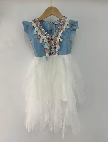 Wholesaler Chicaprie - Girl's Dress with Jeans Top and Fringes, Voile Bottoms