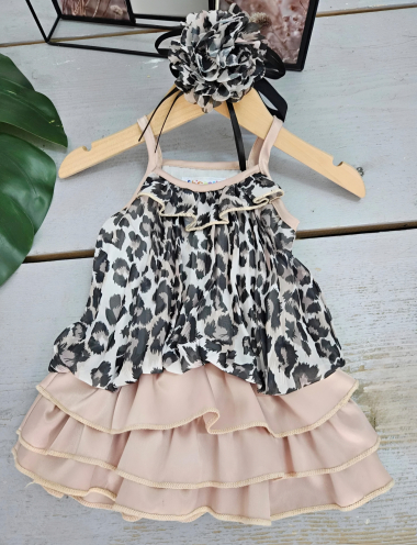 Wholesaler Chicaprie - Baby Girl's Leopard Dress with Ruffled Bottoms and Headband