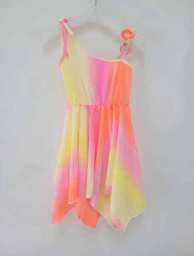 Großhändler Chicaprie - Mehrfarbiges Kleid für Mädchen mit hellem Sonnenuntergang