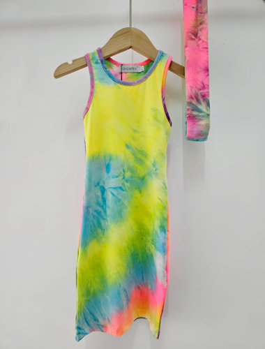 Grossiste Chicaprie - Robe Mi-Longue Multicolore Avec Bandeau Fille