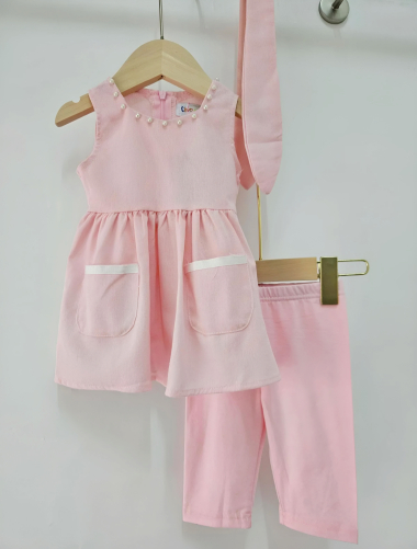 Wholesaler Chicaprie - Baby Girl's Plain Dress With Fancy Beads Leggings And Headband