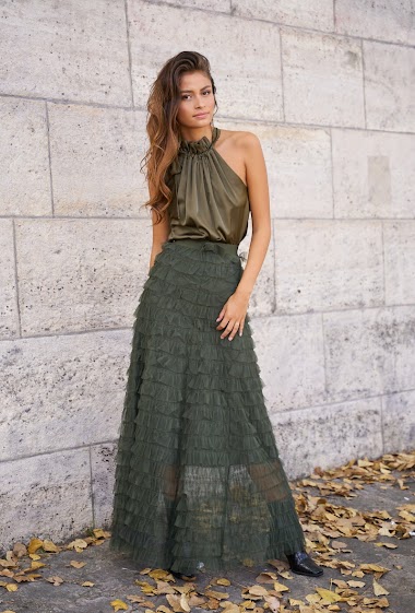 Long tulle skirt with gathers and ruffles Choklate | Paris Fashion 