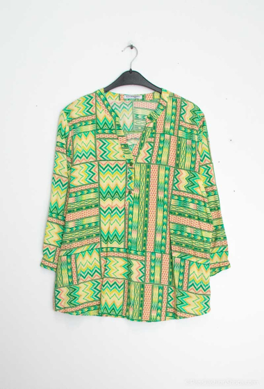 Großhändler Christy - Lässige Bluse mit fließendem Muster, V-Ausschnitt, ¾-Ärmel und Patte