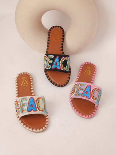Wholesaler Cink Me - Wide strap mules with “BEACH” in multicolored pearls