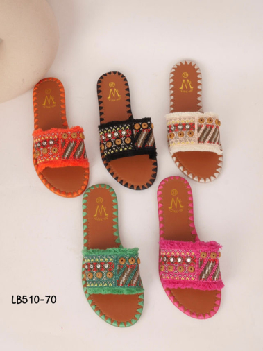Wholesaler Cink Me - Mules with wide strap with fringed edges and various pearl and button motifs