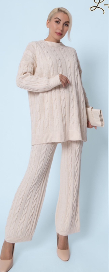 Wholesaler FOLIE LOOK - Wide plain sweater with pattern and pants set