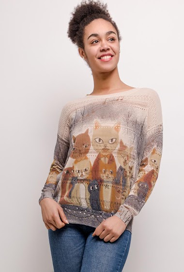 Wholesaler CMP55 - Fine sweater with printed cats