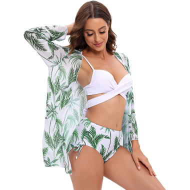 Wholesaler COCONUT SUNWEAR - 3-piece high-waisted swimsuit White and green bohemian chic style