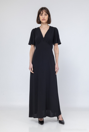 Großhändler COLOR BLOCK - Langes Kleid mit V-Ausschnitt und kurzen Ärmeln