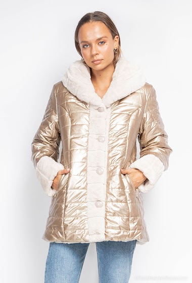 Hooded down jacket with faur fur