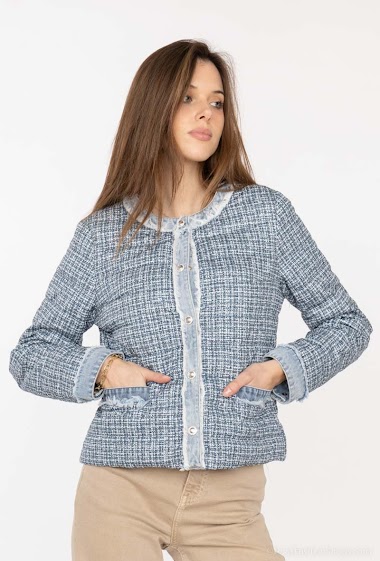 Denim tweed jacket with rhinestone button