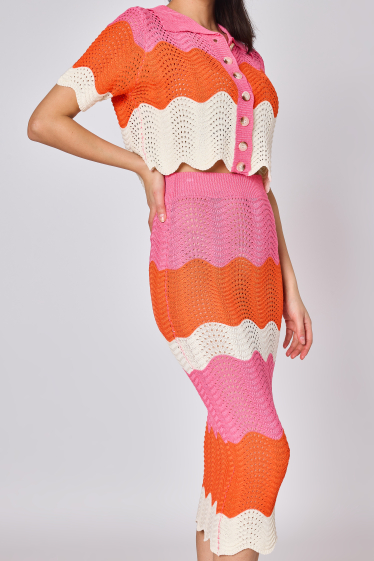 Grossiste Copperose - ensemble top et jupe en maille sèche ajourée tricolores façon crochet