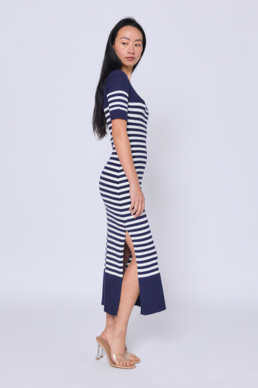 Wholesaler Copperose - long striped fine ribbed knit dress with square collar