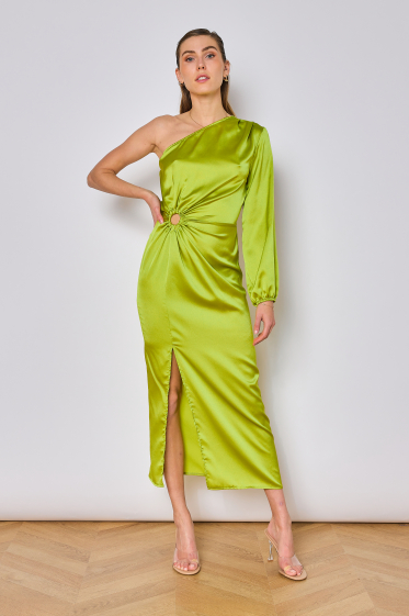 Wholesaler Copperose - long shiny satin dress with asymmetrical sleeve