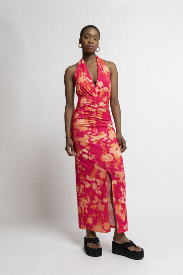 Großhändler Copperose - Langes Kleid mit Blumendruck und amerikanischem Ausschnitt