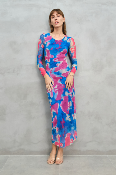 Großhändler Copperose - Langes Kleid mit Batikmuster und transparenten Ärmeln