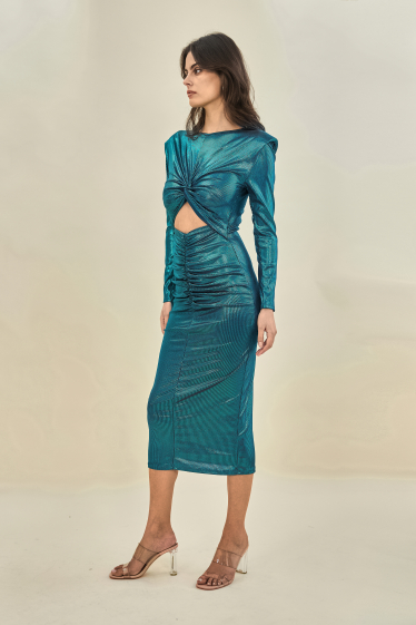 Großhändler Copperose - Langes Kleid aus Metall und Pailletten mit Schulterpolstern