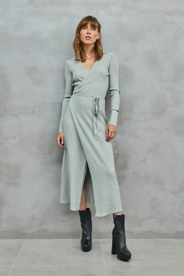 Wholesaler Copperose - long wrap dress in fine ribbed knit with tie strap