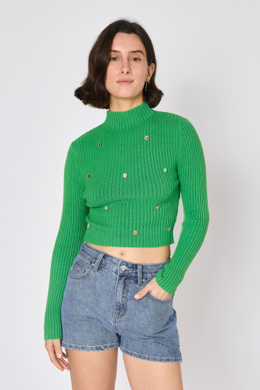 Wholesaler Copperose - cropped top in fine ribbed knit decorated with small rhinestones