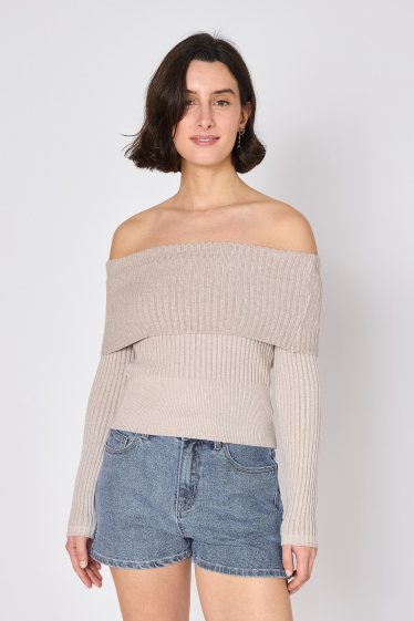 Wholesaler Copperose - slightly cropped top in fine flat ribbed knit with bardot collar