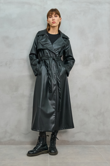 trench coat long en similicuir boutons crois s avec ceinture