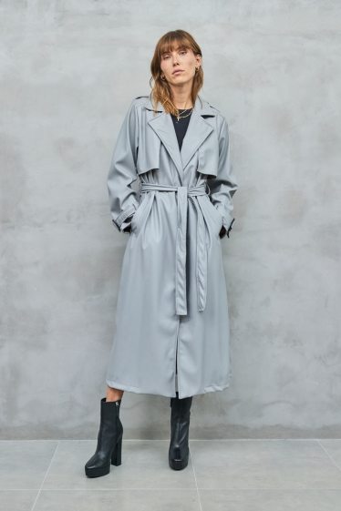 Wholesaler Copperose - faux leather trench coat with tie belt