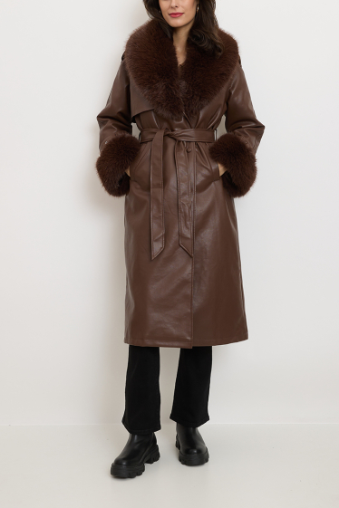 Wholesaler Copperose - faux leather trench coat with detachable faux fur