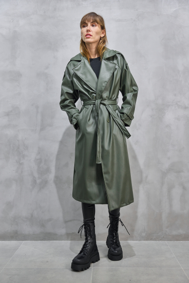 long faux leather trench coat with crossed buttons and tie belt