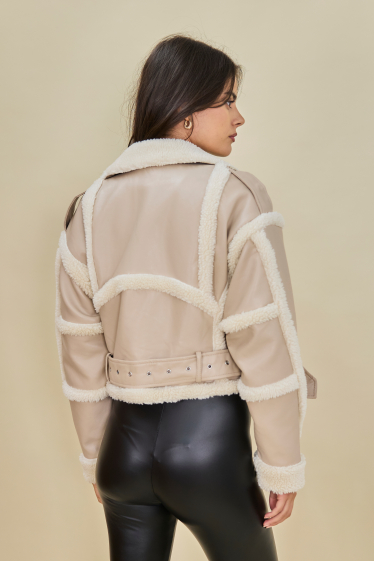 Wholesaler Copperose - short bi-material perfecto jacket in faux leather and moumoute