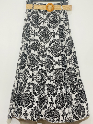 Grossiste Coraline - Jupe longue en coton avec ceinture à imprimé fleurs