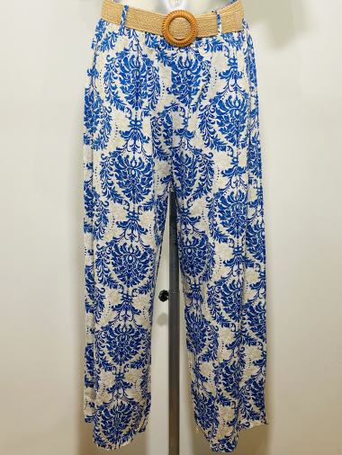 Grossiste Coraline - Pantalon fluide avec une ceinture à imprimé fleurs