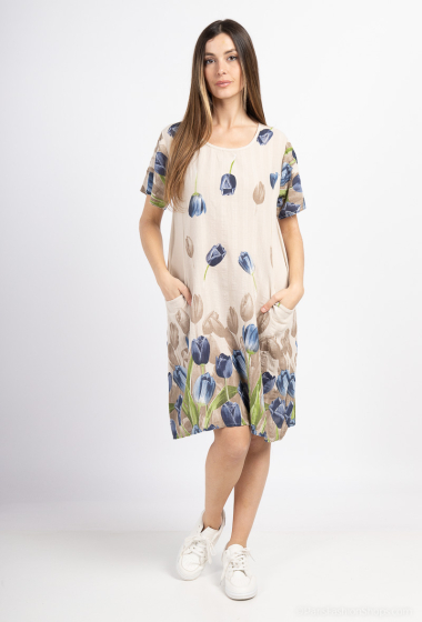 Großhändler Coraline - Mittellanges Kleid mit Taschen mit Tulpenprint