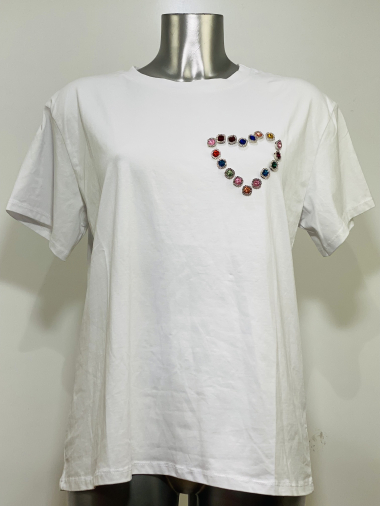 Grossiste Coraline - T-shirt en coton à col v à imprimé cœur en perles