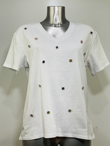 Mayorista Coraline - Camiseta de algodón con cuello de pico y estampado de perlas