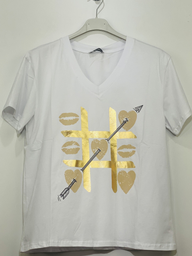 Großhändler Coraline - Power Three bedrucktes Baumwoll-T-Shirt mit V-Ausschnitt