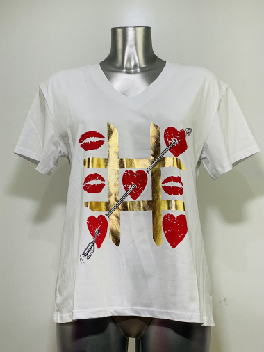 Großhändler Coraline - Power Three bedrucktes Baumwoll-T-Shirt mit V-Ausschnitt